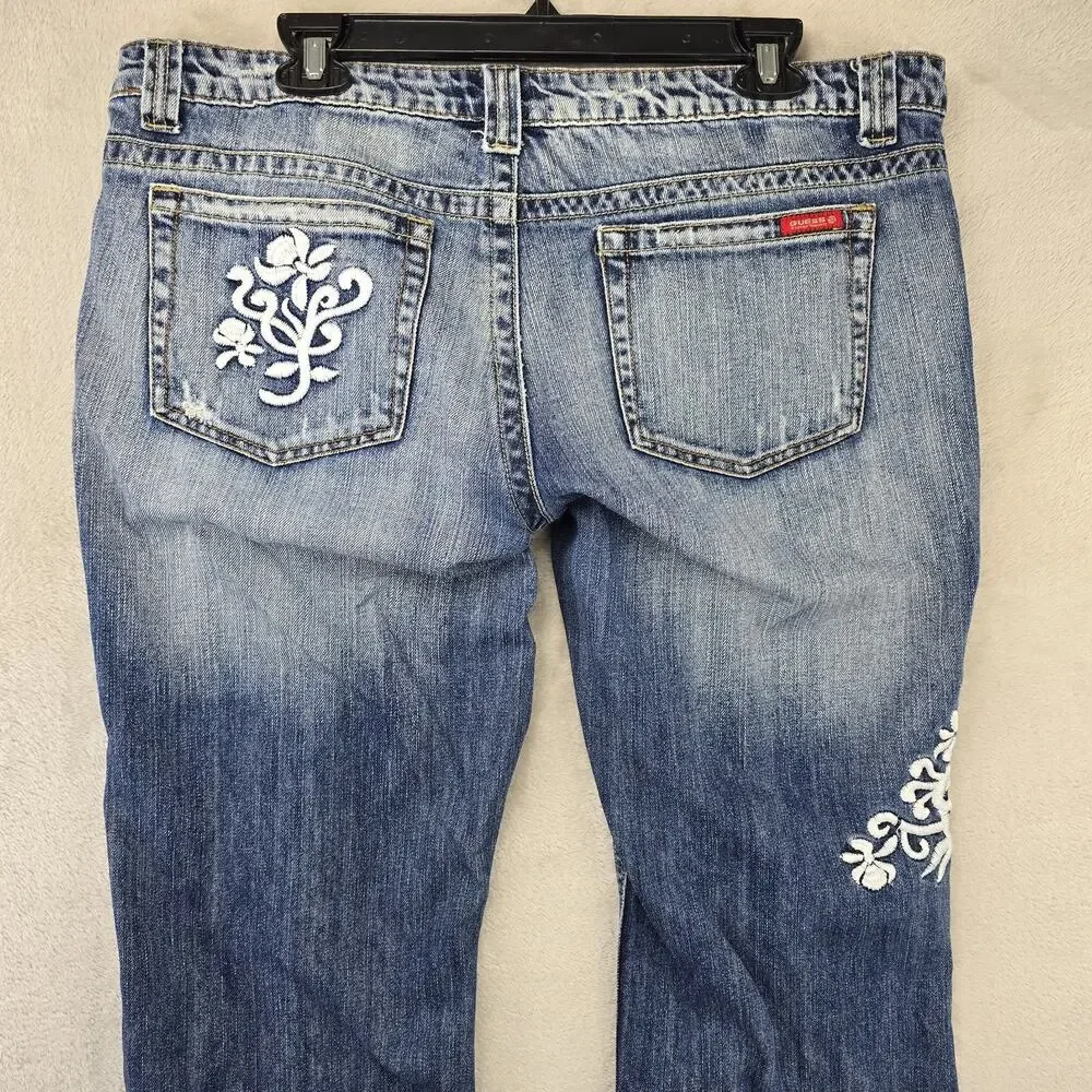 Vtg Guess USA Jeans Womens 34 Blue (Fits 38x30) Crochet Embroidered Distressed